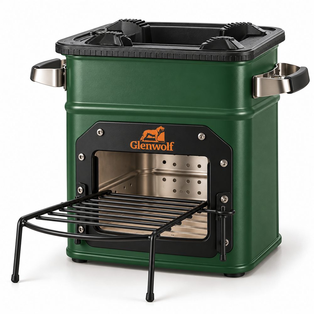 Glenwolf portable wood-fire stove in green with a fold-out grill rack